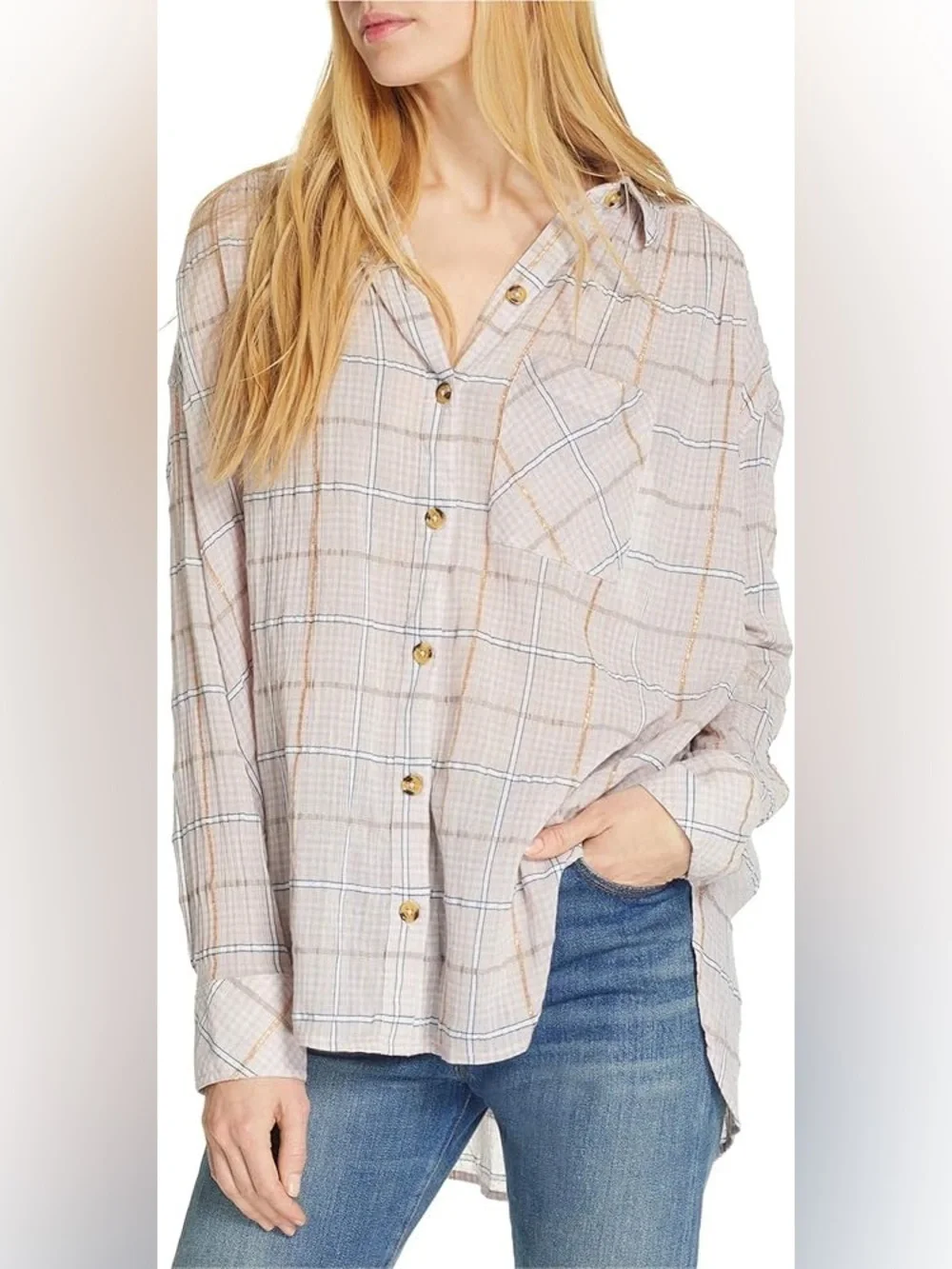 Free People Break My Stride Button Up in Pink Plaid